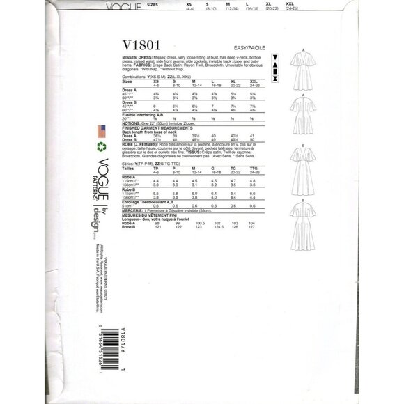Vogue V1801 Misses XS to M Easy Deep V Neck Dress UNCUT Sewing Pattern - Picture 2 of 2
